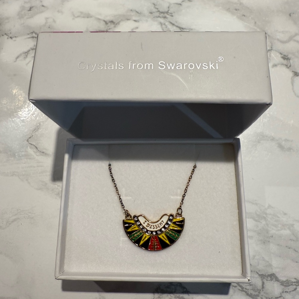 “I Dissent” Ruth Bader Ginsburg Swarovski Black and Gold Crystal Necklace NIB